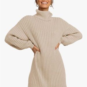Cozy Ribbed Turtleneck Sweater Dress - Beige